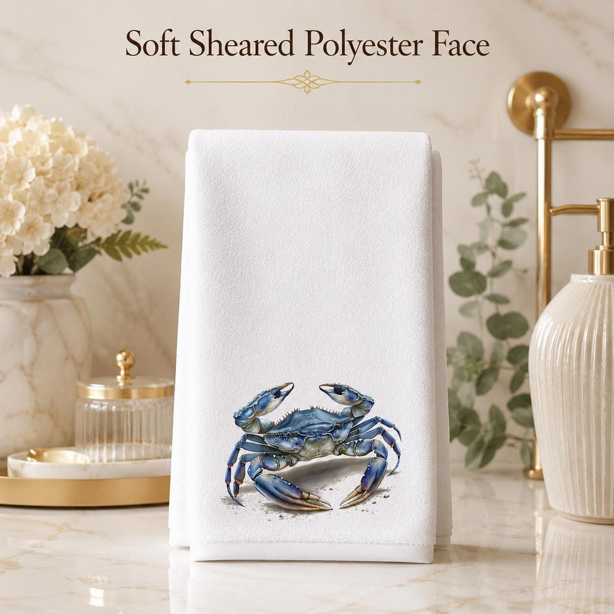 Coastal Hand Towel with Blue Crab Design, Nautical Bathroom Decor