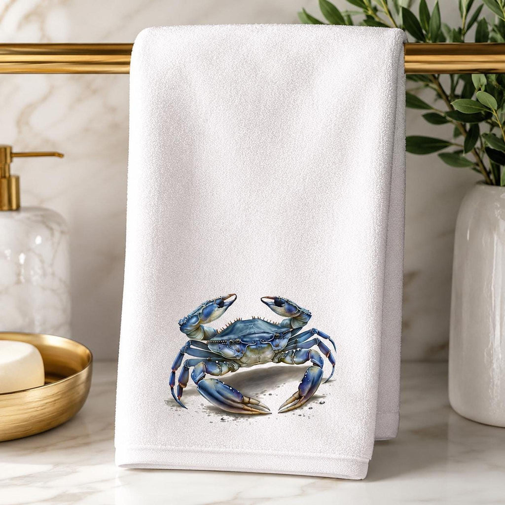 Coastal Hand Towel with Blue Crab Design, Nautical Bathroom Decor