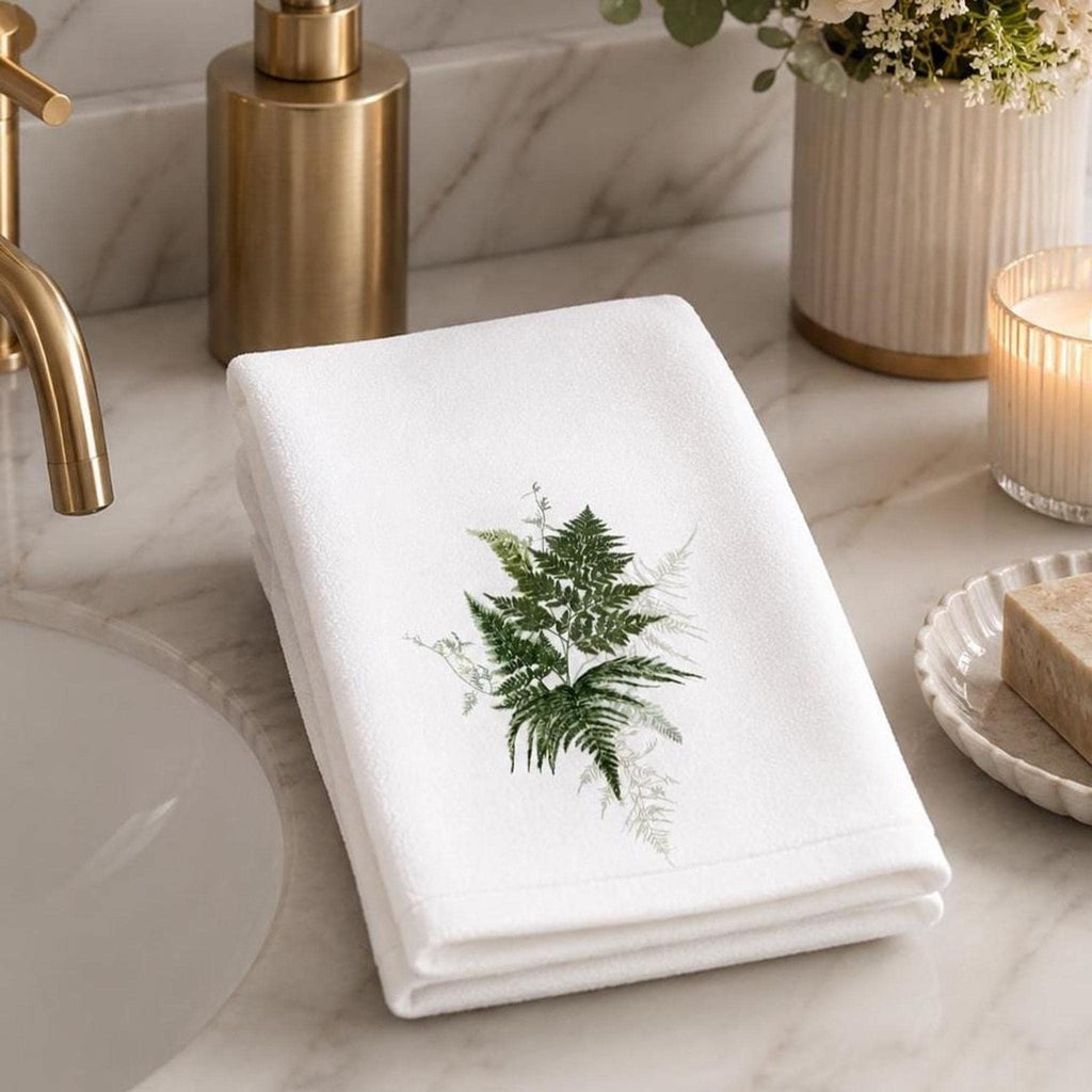 Fern Hand Towel, White Botanical Bath Decor with Greenery Design