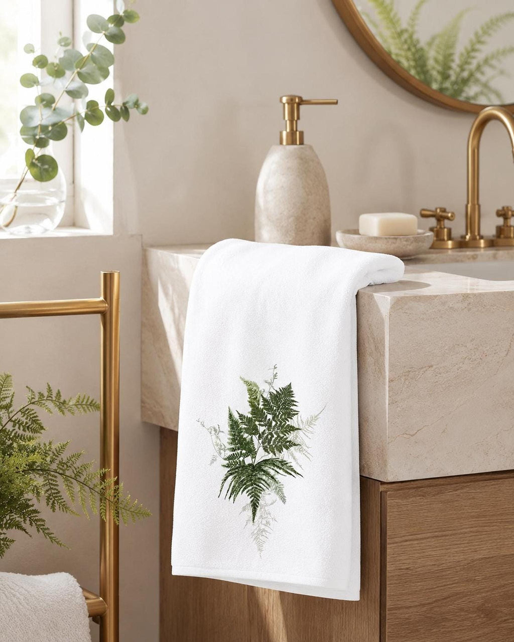 Fern Hand Towel, White Botanical Bath Decor with Greenery Design