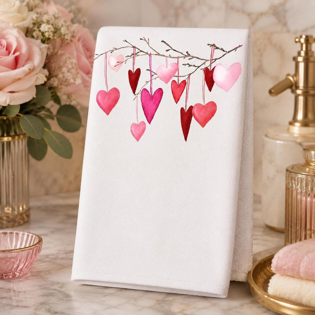 Valentine Towel with Heart Design, Romantic Fingertip Guest in Pink and Red