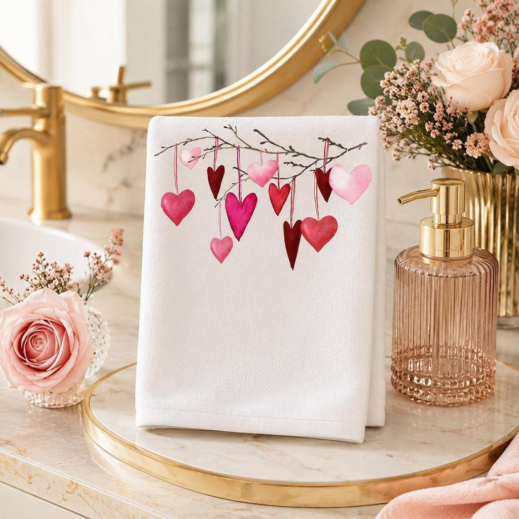 Valentine Towel with Heart Design, Romantic Fingertip Guest in Pink and Red