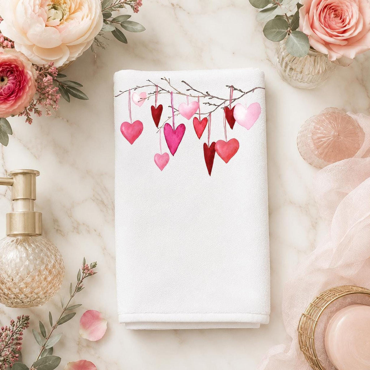 Valentine Towel with Heart Design, Romantic Fingertip Guest in Pink and Red
