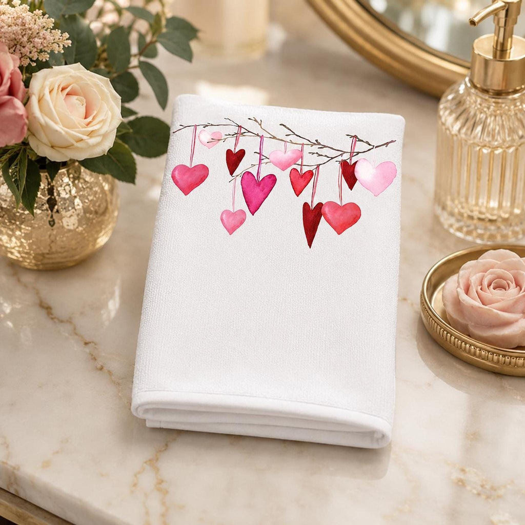 Valentine Towel with Heart Design, Romantic Fingertip Guest in Pink and Red