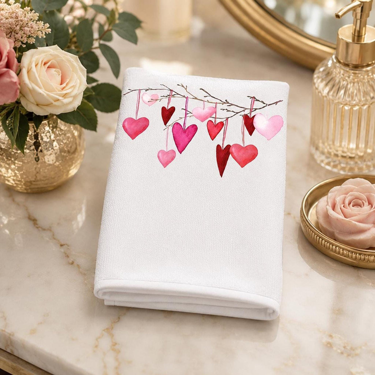 Valentine Towel with Heart Design, Romantic Fingertip Guest in Pink and Red