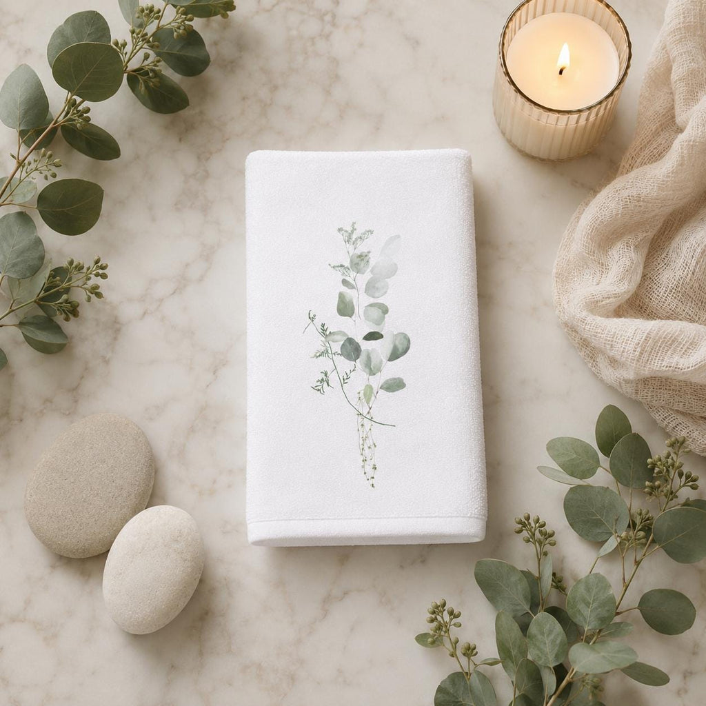 Eucalyptus Fingertip Towel, Botanical Guest Bath Decor, White Powder Room Accent