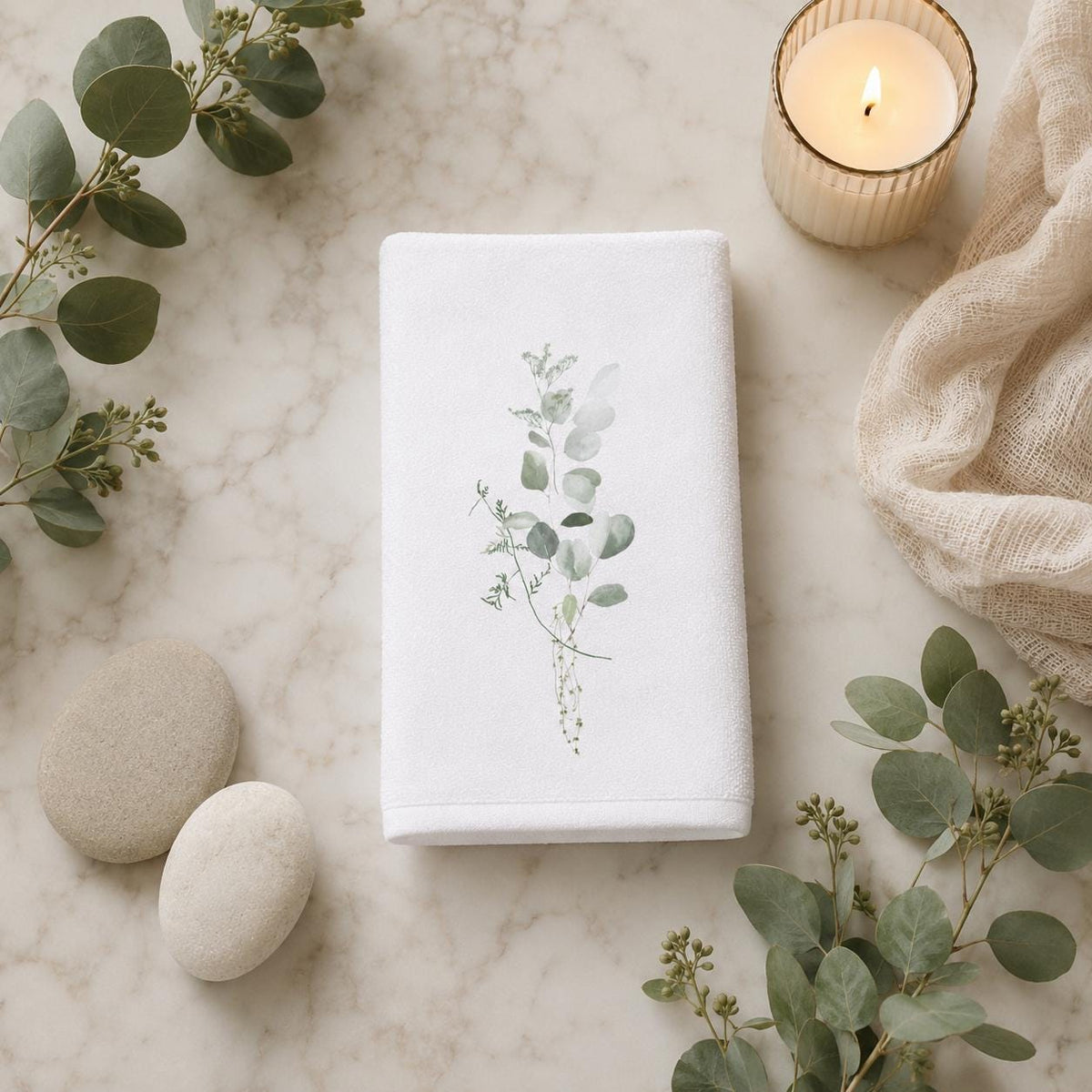 Eucalyptus Fingertip Towel, Botanical Guest Bath Decor, White Powder Room Accent