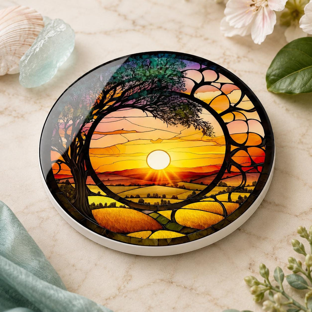 Sunrise Sunset Ceramic Coaster: Printed Design, Nature Home Decor