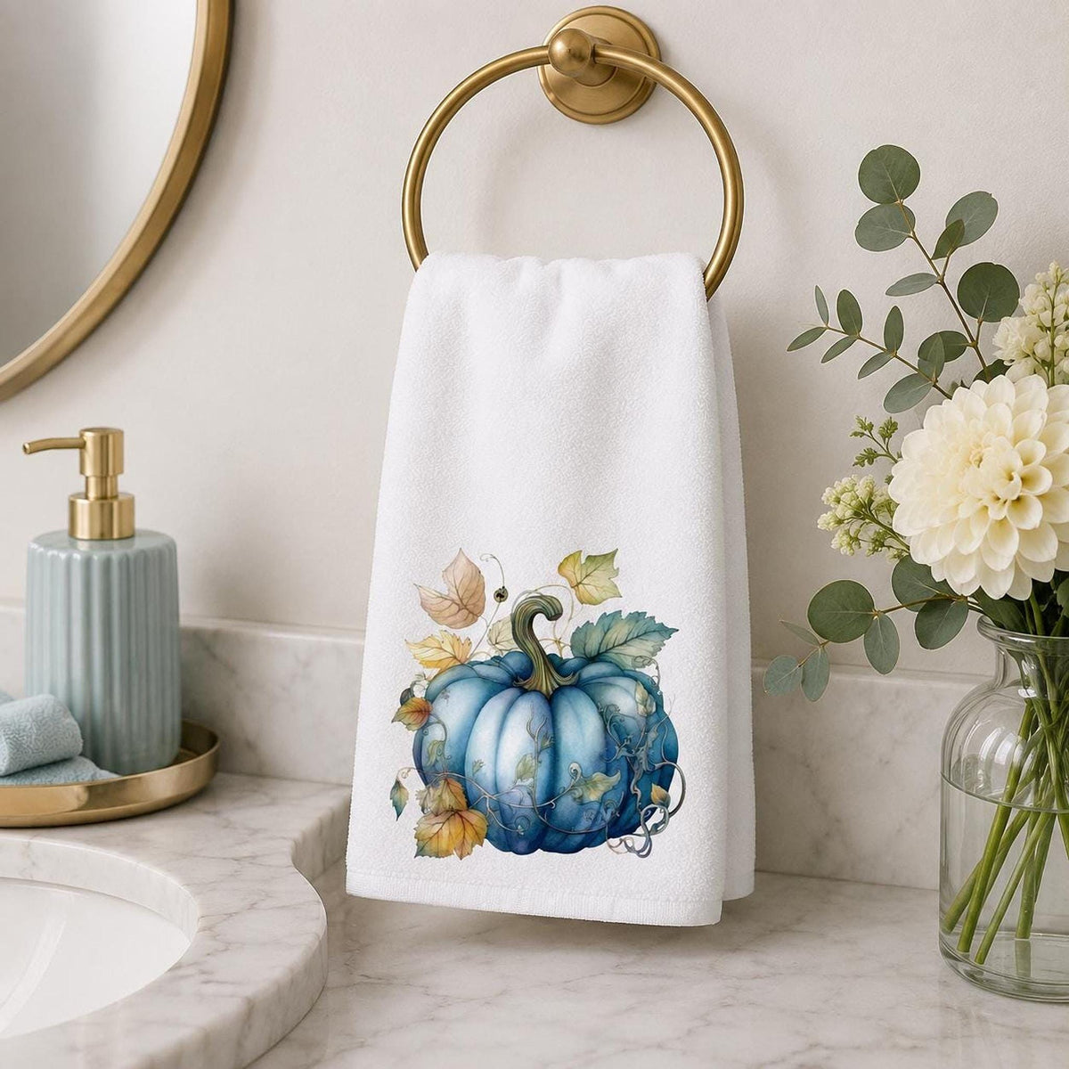 Blue Pumpkin Towel, Elegant Fall Hand for Hostess Gift