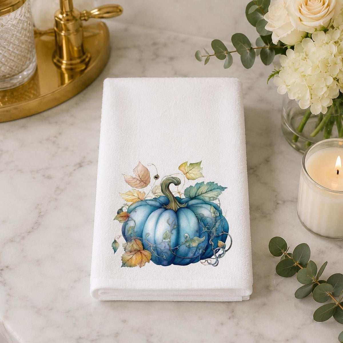 Blue Pumpkin Towel, Elegant Fall Hand for Hostess Gift