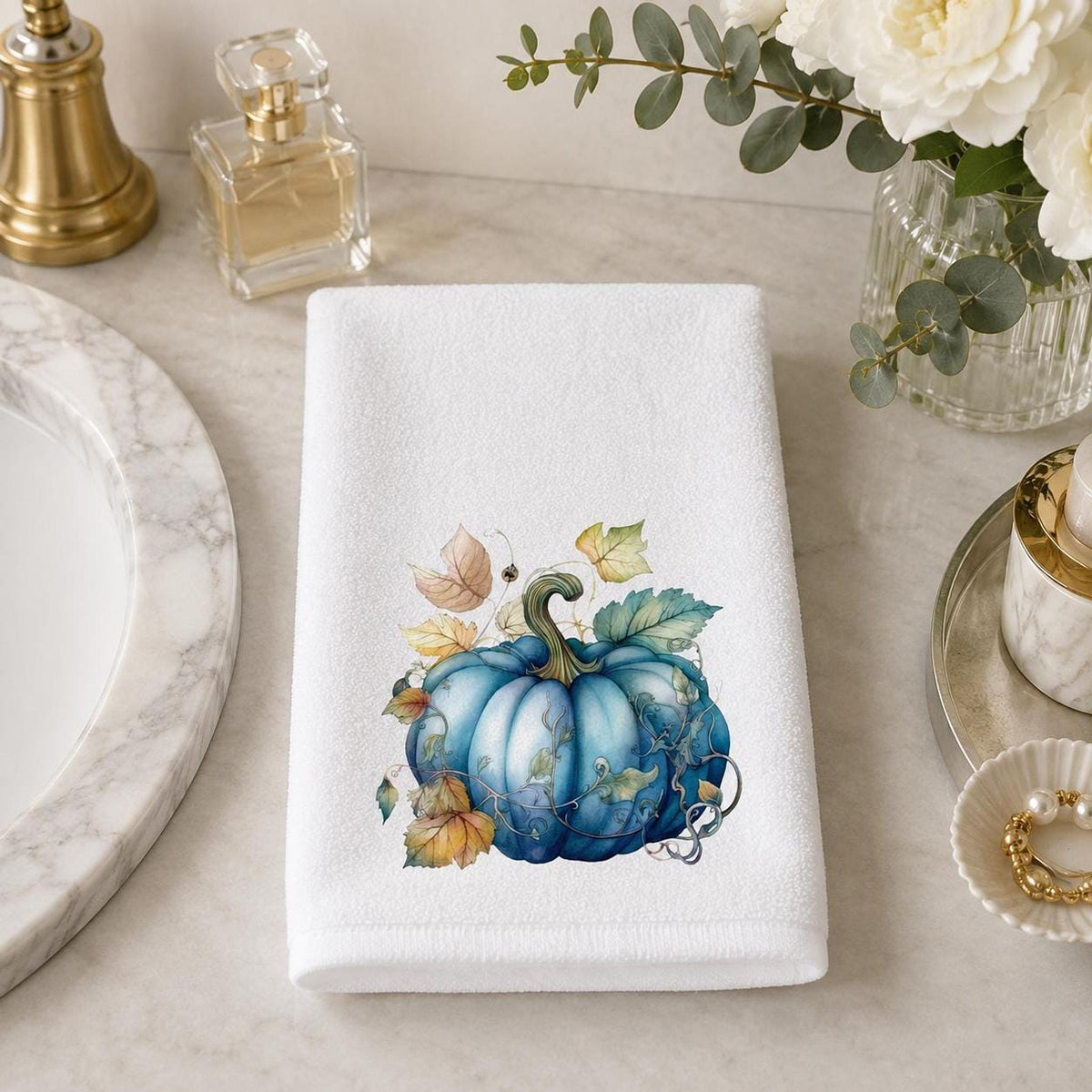 Blue Pumpkin Towel, Elegant Fall Hand for Hostess Gift