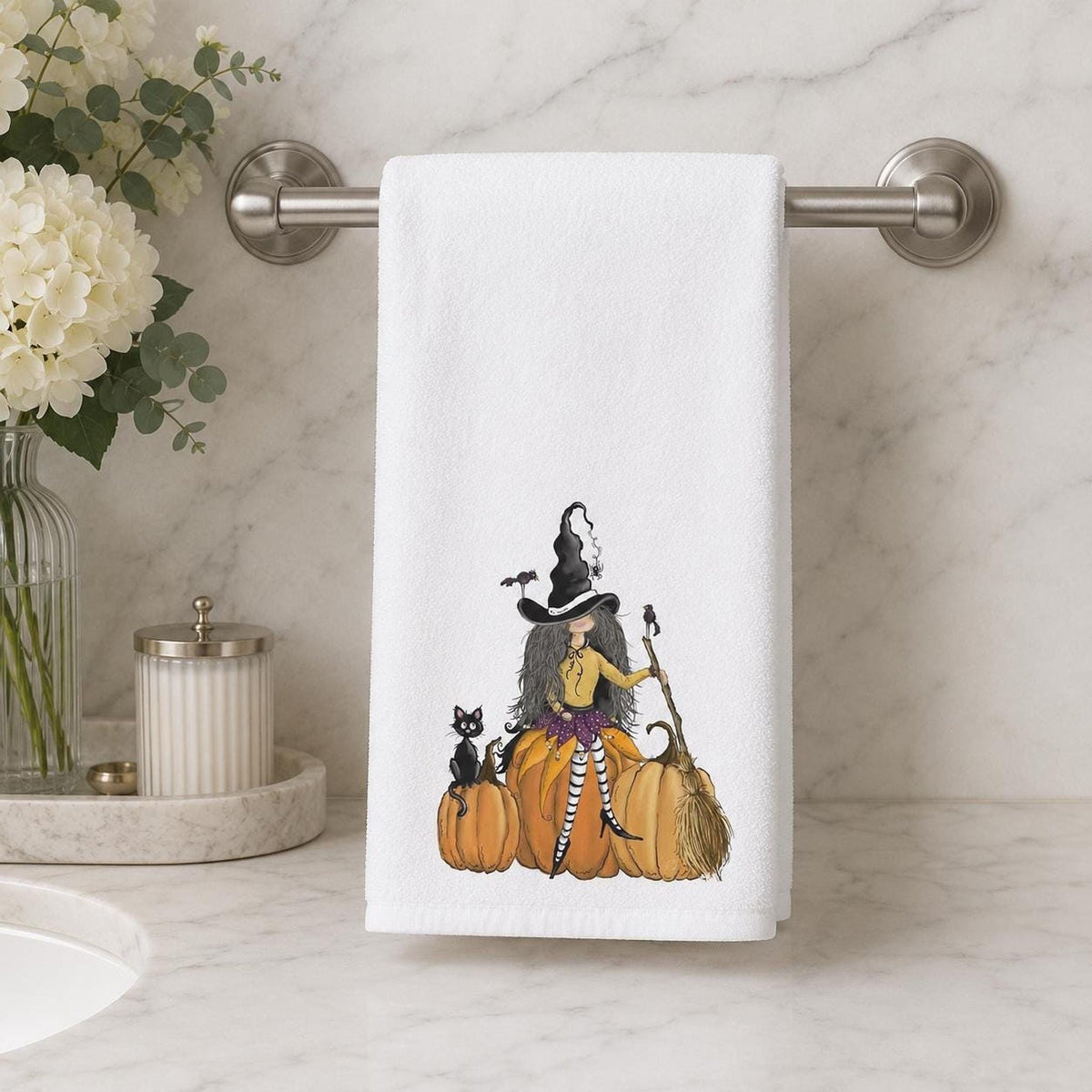 Halloween Hand Towel with Witch, Black Cat, and Pumpkins Design