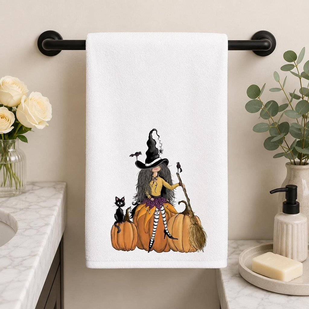 Halloween Hand Towel with Witch, Black Cat, and Pumpkins Design