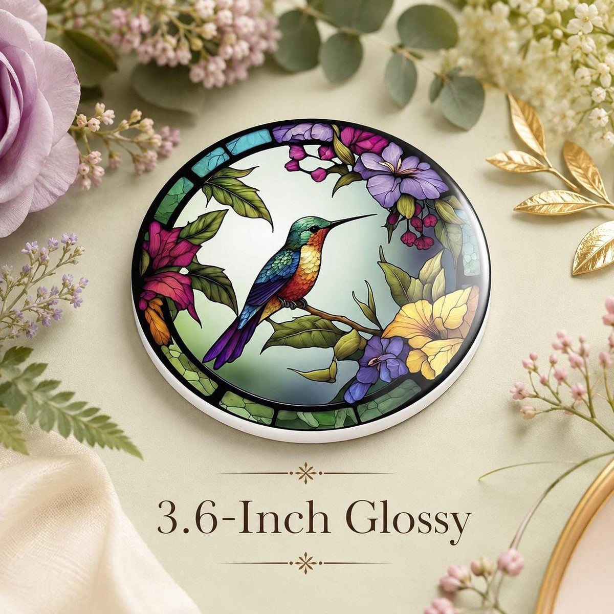 Hummingbird Coaster, Colorful Ceramic Drink Mat with Floral Design