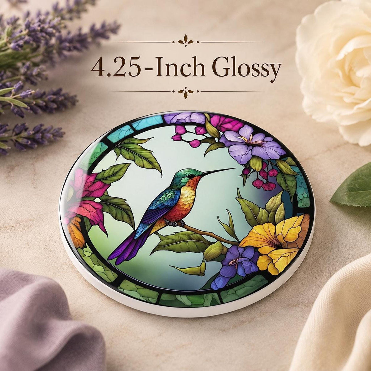 Hummingbird Coaster, Colorful Ceramic Drink Mat with Floral Design