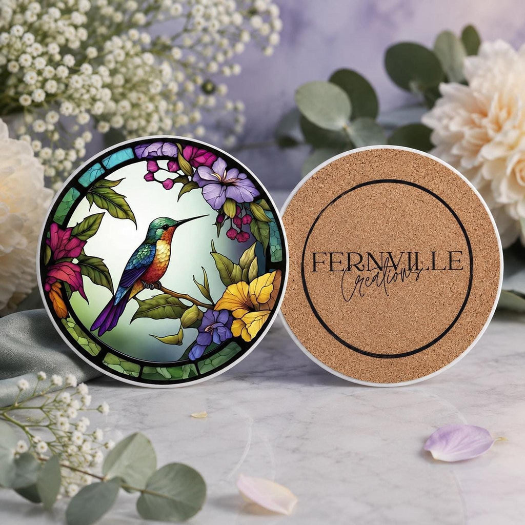Hummingbird Coaster, Colorful Ceramic Drink Mat with Floral Design