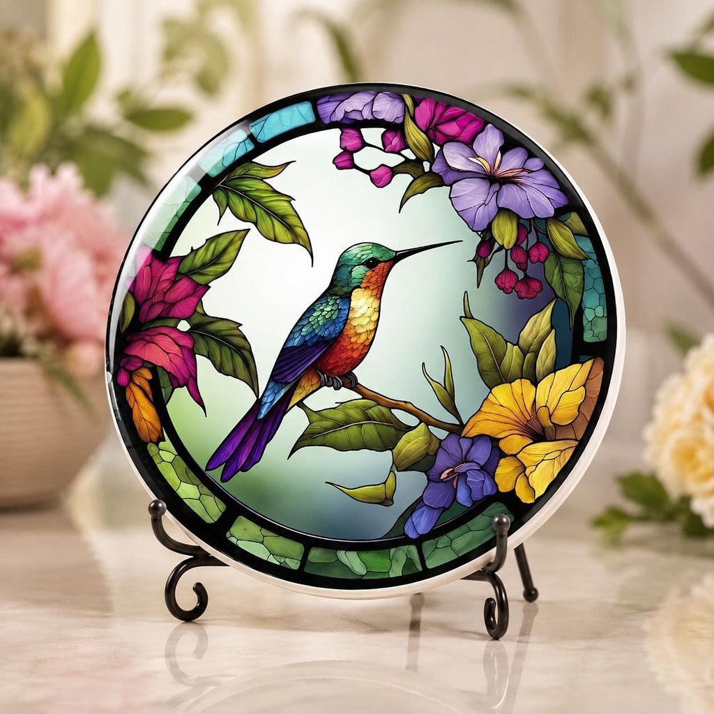 Hummingbird Coaster, Colorful Ceramic Drink Mat with Floral Design