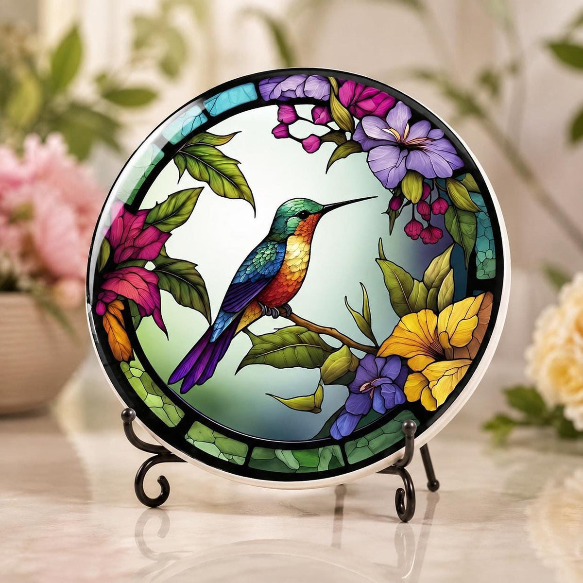 Hummingbird Coaster, Colorful Ceramic Drink Mat with Floral Design