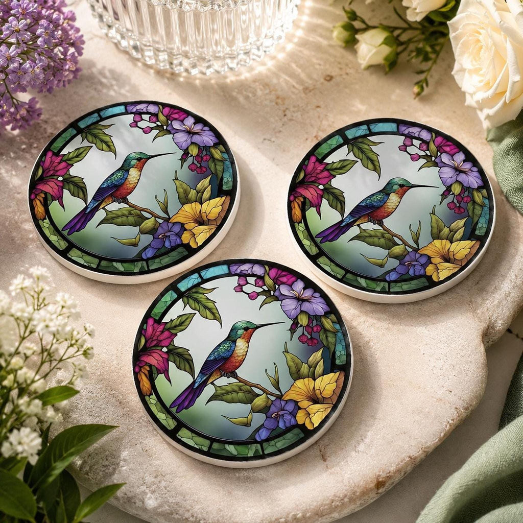 Hummingbird Coaster, Colorful Ceramic Drink Mat with Floral Design