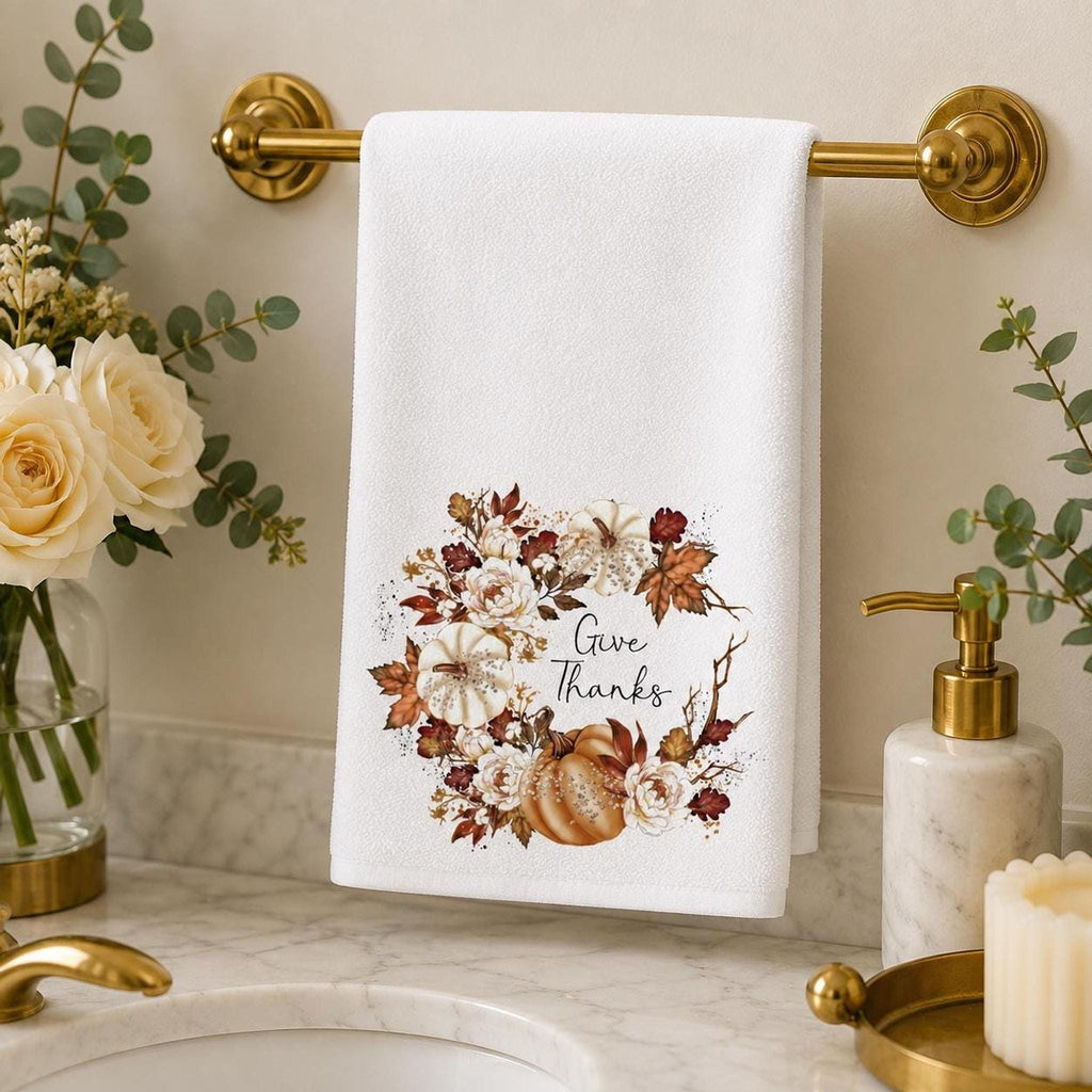 Give Thanks Towel, Autumn Hand with Pumpkin Wreath Design