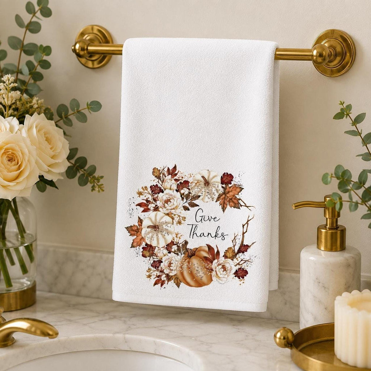Give Thanks Towel, Autumn Hand with Pumpkin Wreath Design
