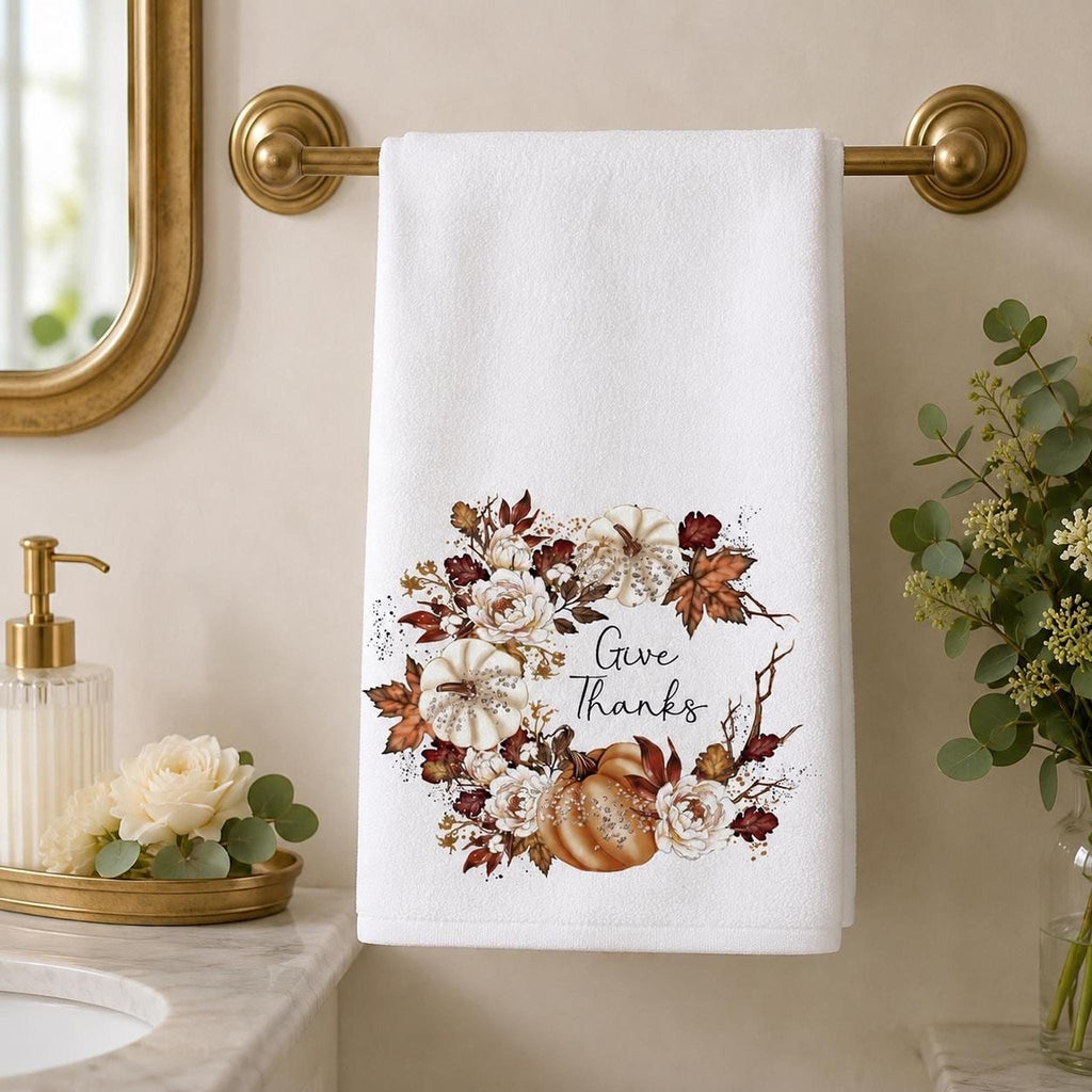 Give Thanks Towel, Autumn Hand with Pumpkin Wreath Design