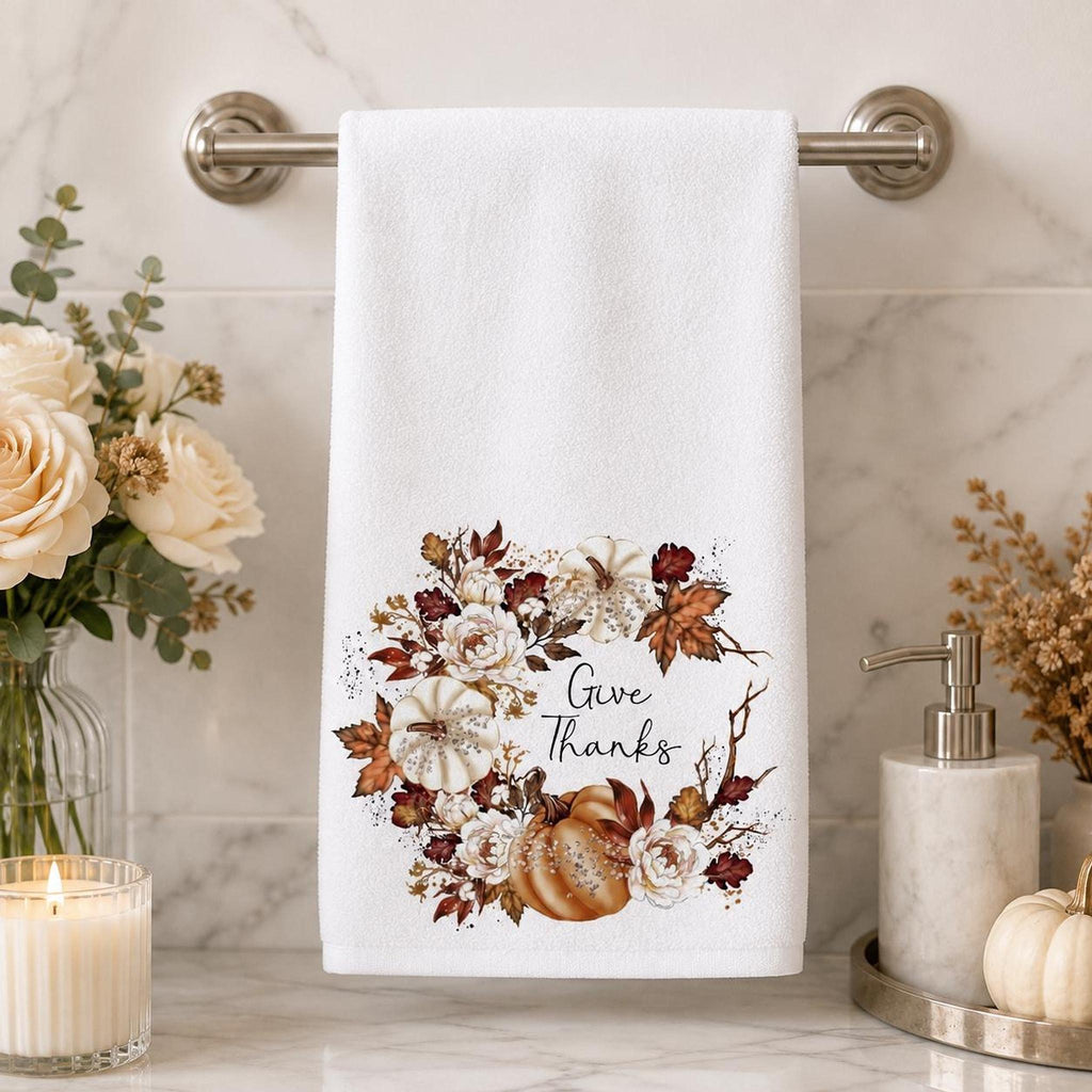 Give Thanks Towel, Autumn Hand with Pumpkin Wreath Design