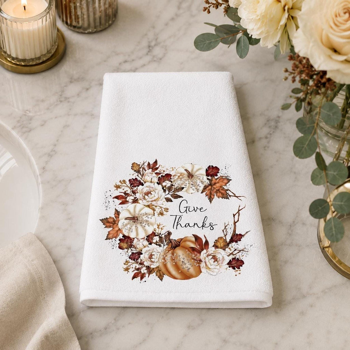 Give Thanks Towel, Autumn Hand with Pumpkin Wreath Design