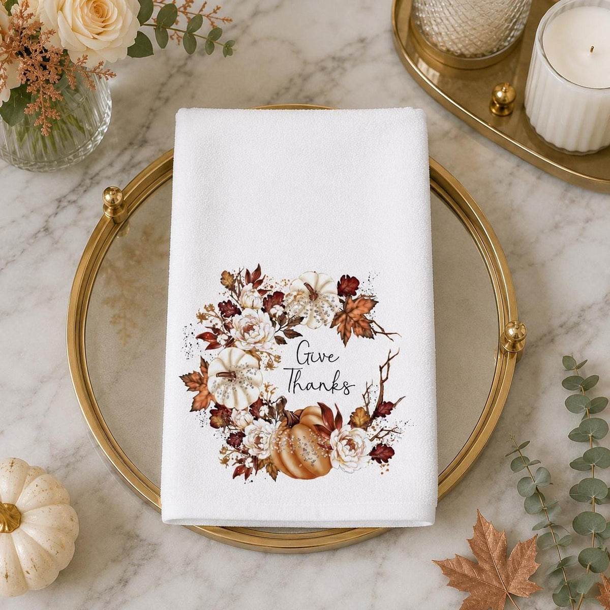 Give Thanks Towel, Autumn Hand with Pumpkin Wreath Design