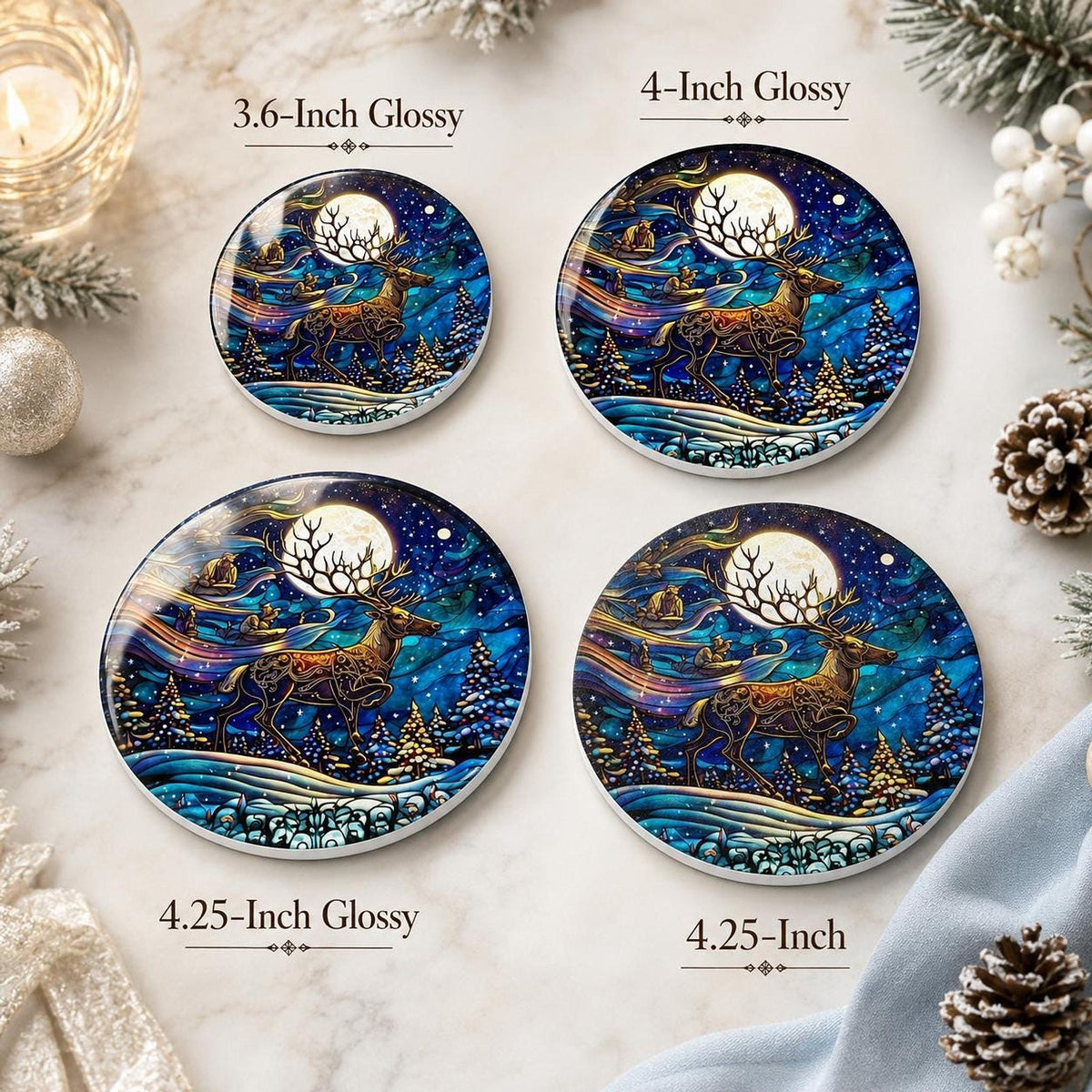 Winter Stag Ceramic Coaster, Moonlit Forest Art for Holiday Table Decor