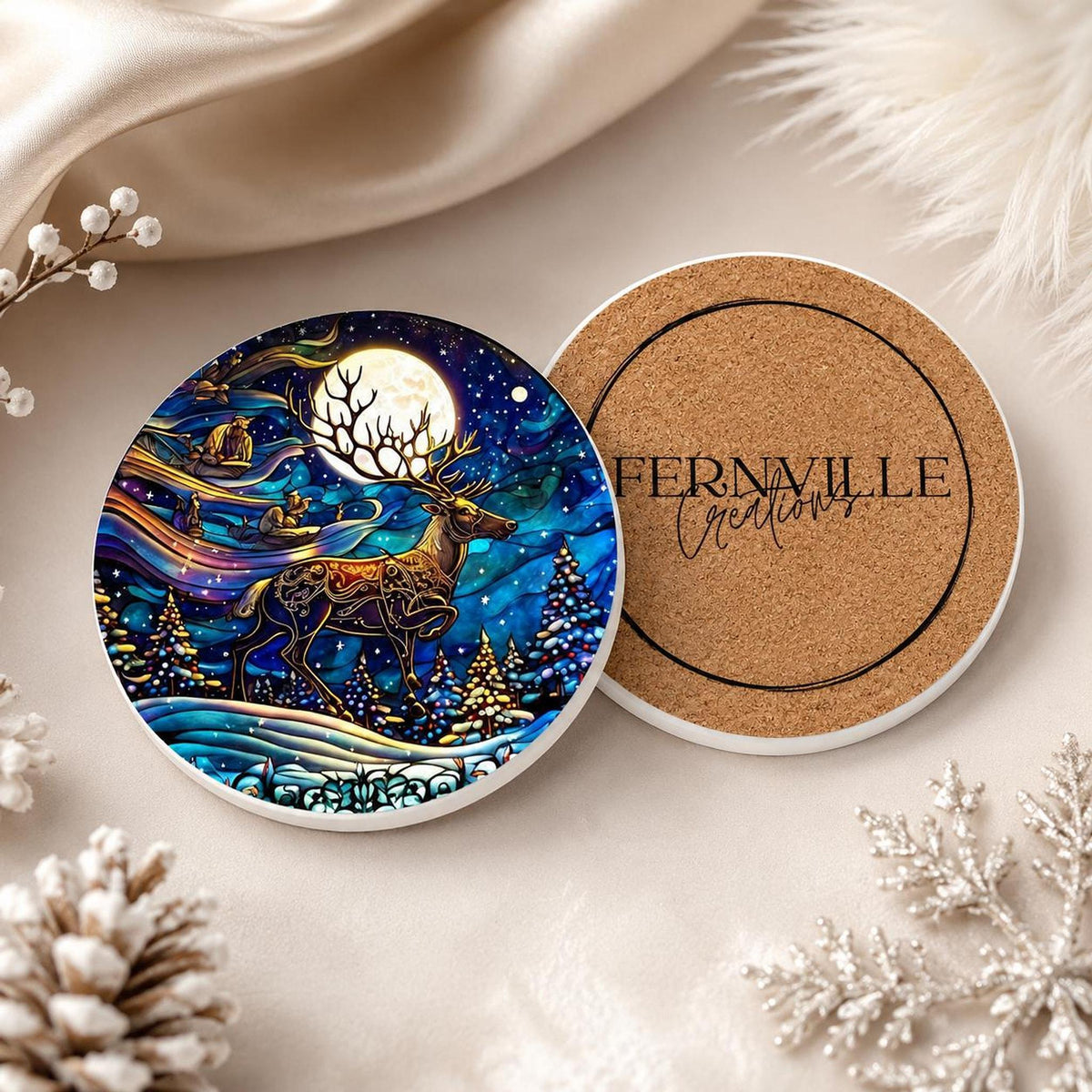 Winter Stag Ceramic Coaster, Moonlit Forest Art for Holiday Table Decor