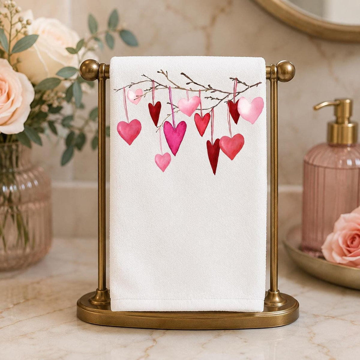 Valentine Towel with Heart Design, Romantic Fingertip Guest in Pink and Red