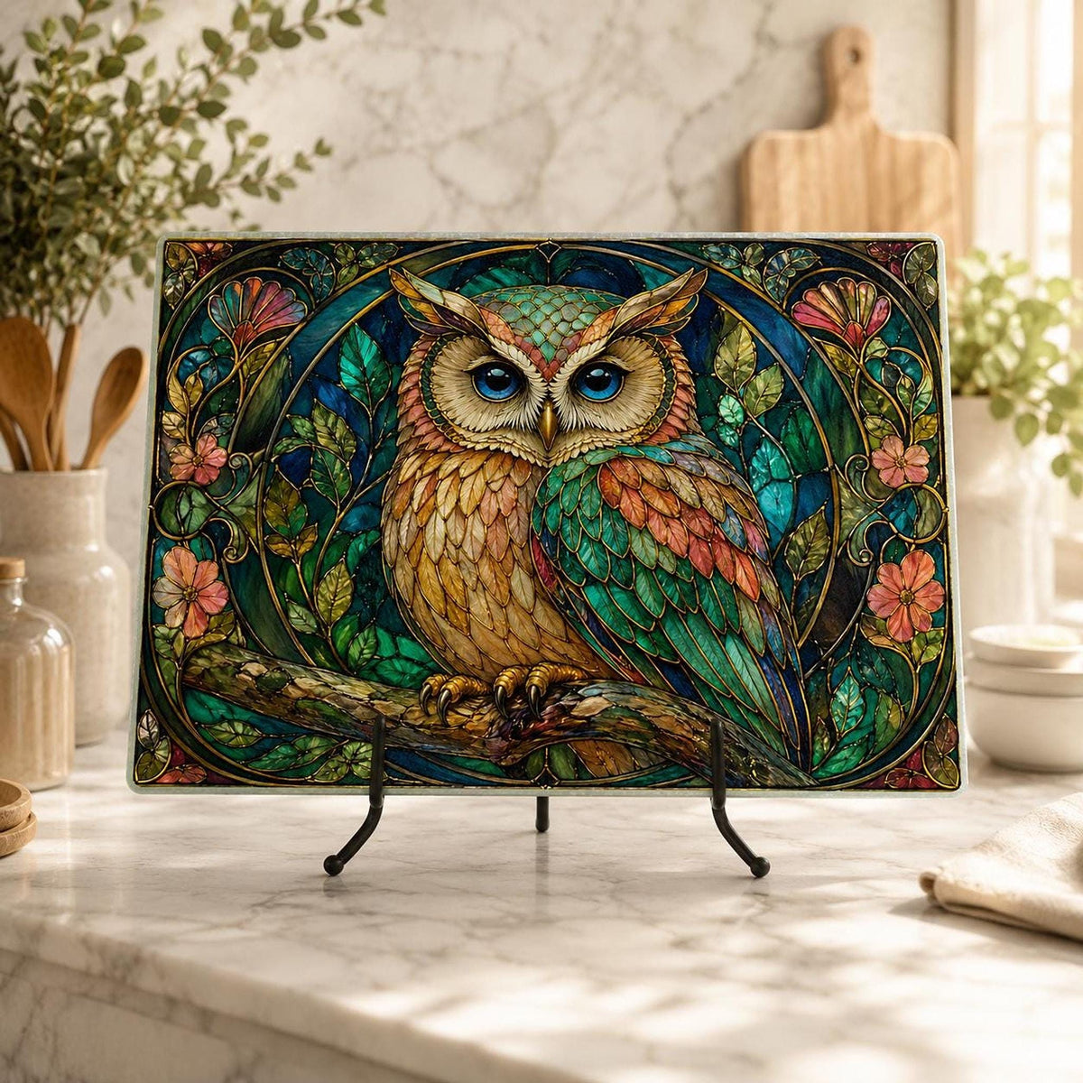 Owl Cutting Board, Stained Glass Inspired Charcuterie Tray