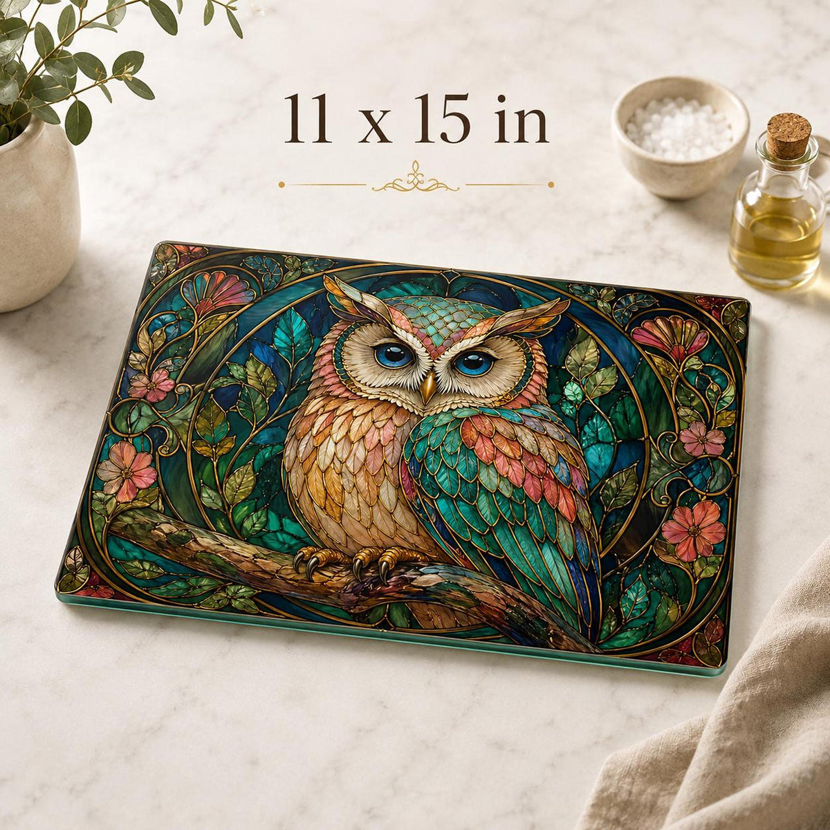 Owl Cutting Board, Stained Glass Inspired Charcuterie Tray