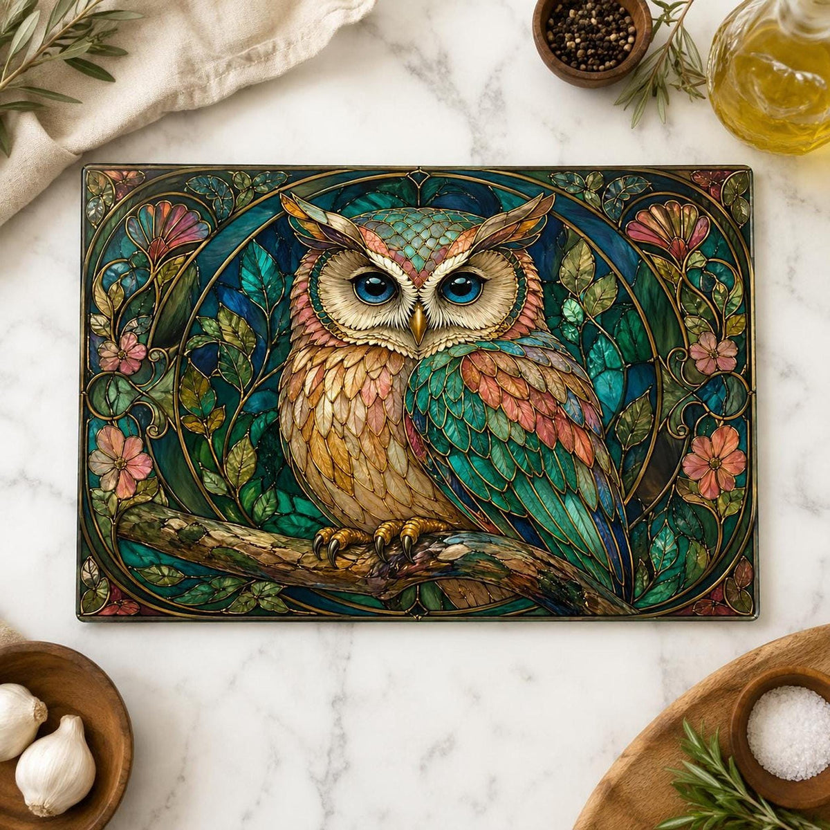 Owl Cutting Board, Stained Glass Inspired Charcuterie Tray