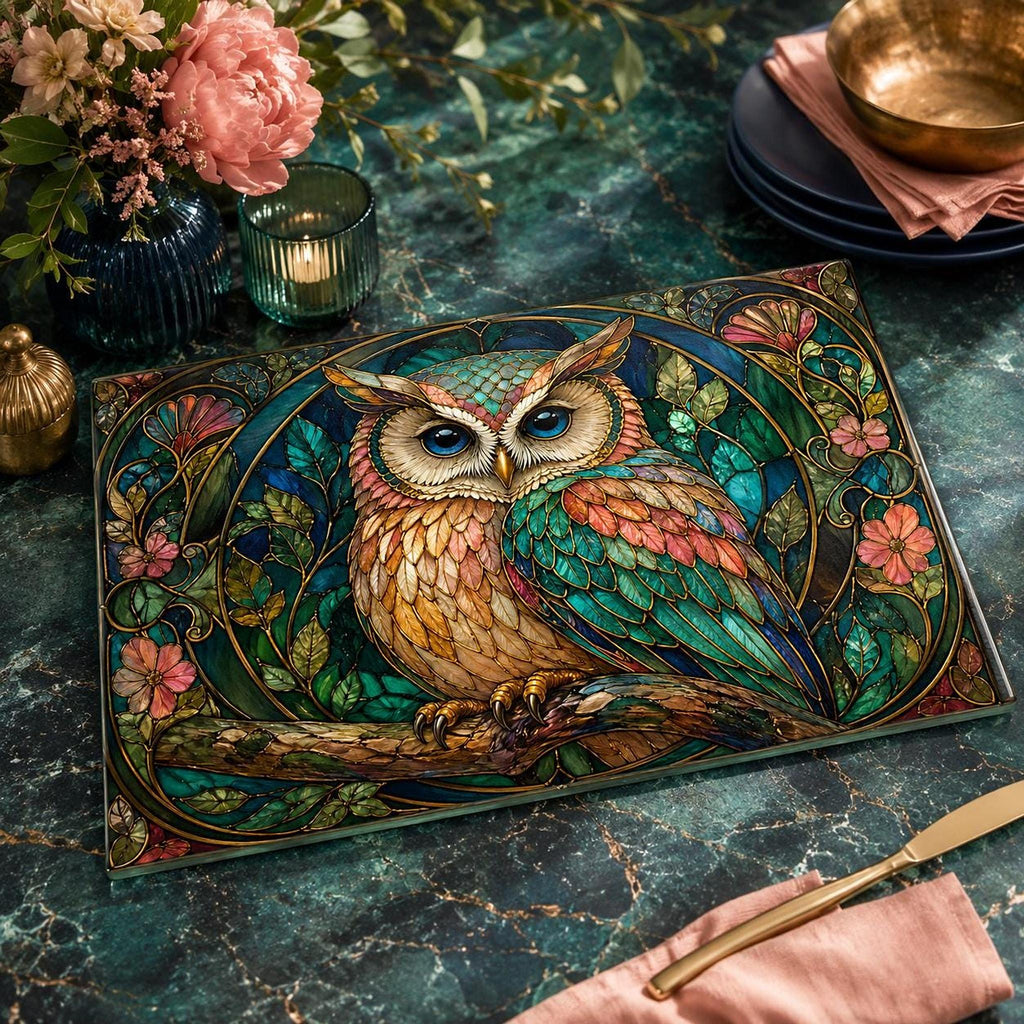 Owl Cutting Board, Stained Glass Inspired Charcuterie Tray