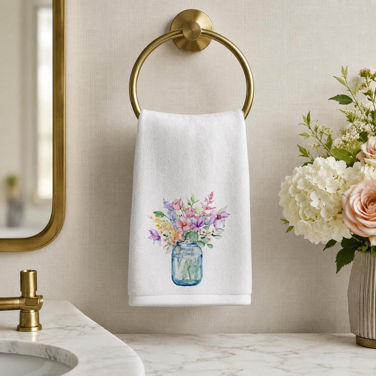Wildflower Towel, Floral Fingertip with Mason Jar Design