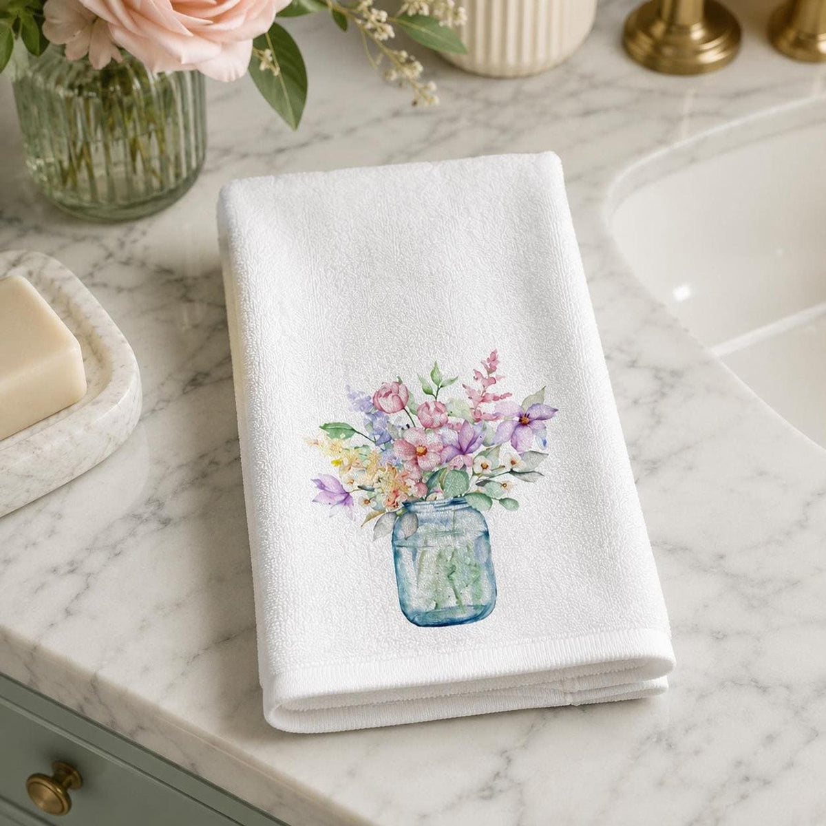 Wildflower Towel, Floral Fingertip with Mason Jar Design