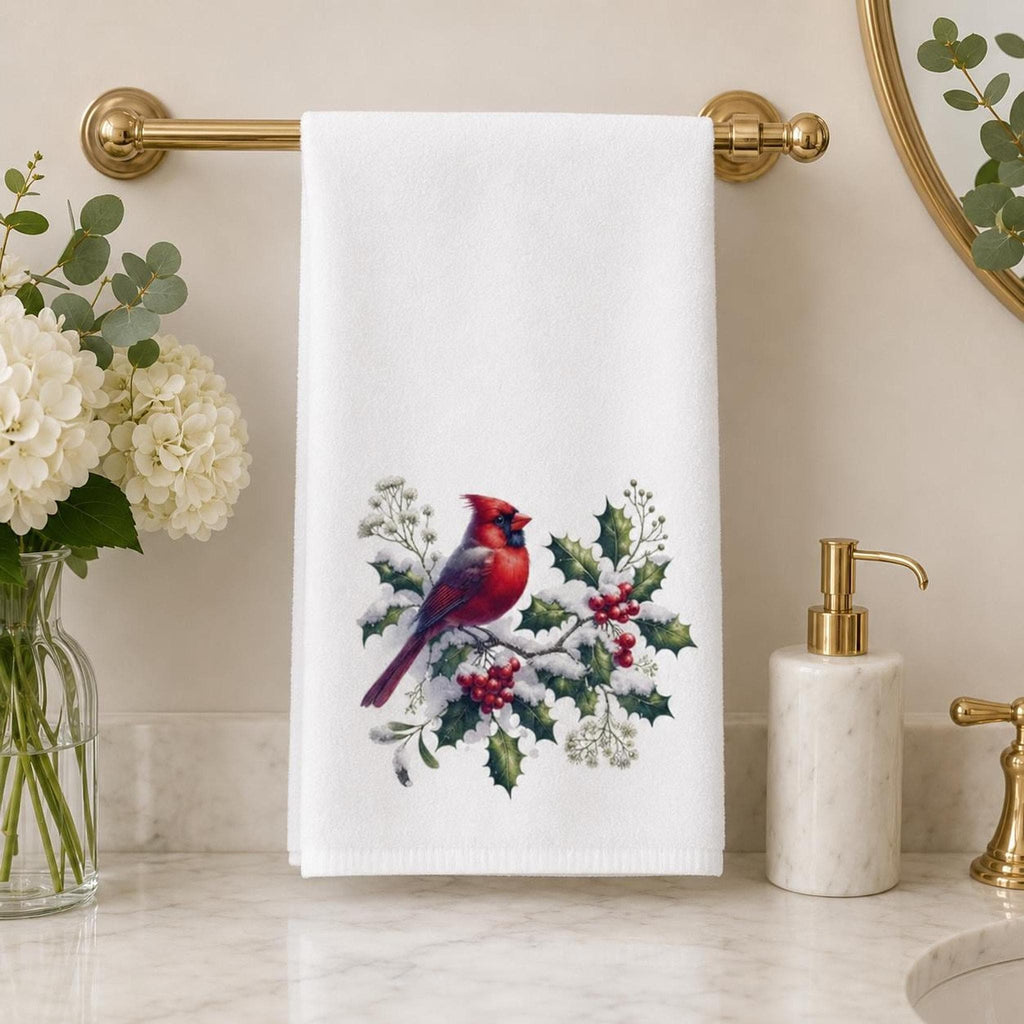 Christmas Hand Towel with Cardinal Design, 15 x 25 Soft Cotton Terry