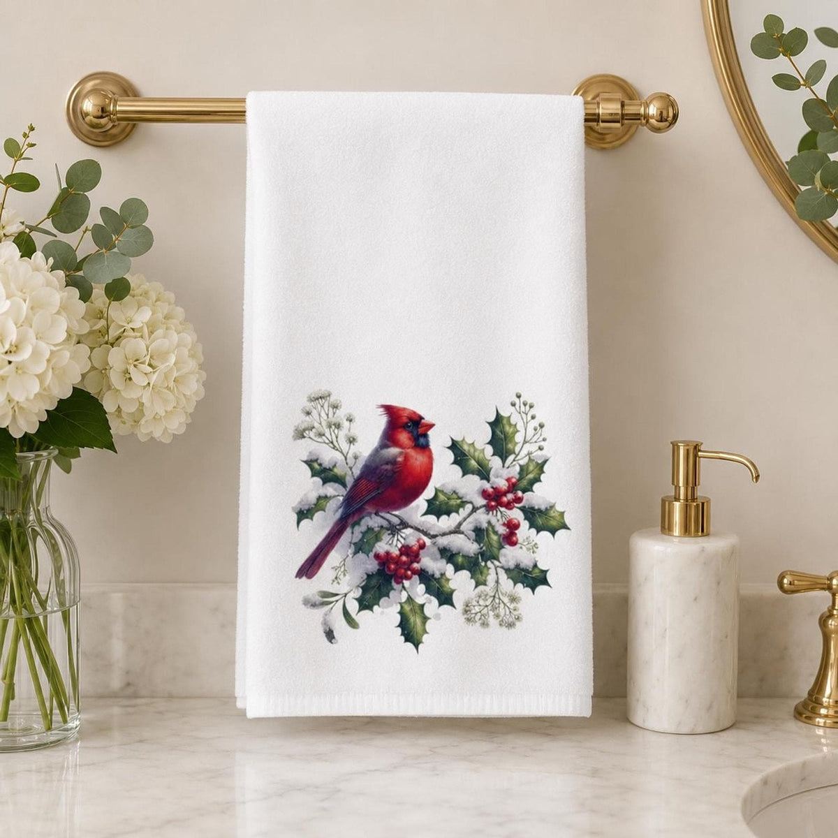Christmas Hand Towel with Cardinal Design, 15 x 25 Soft Cotton Terry
