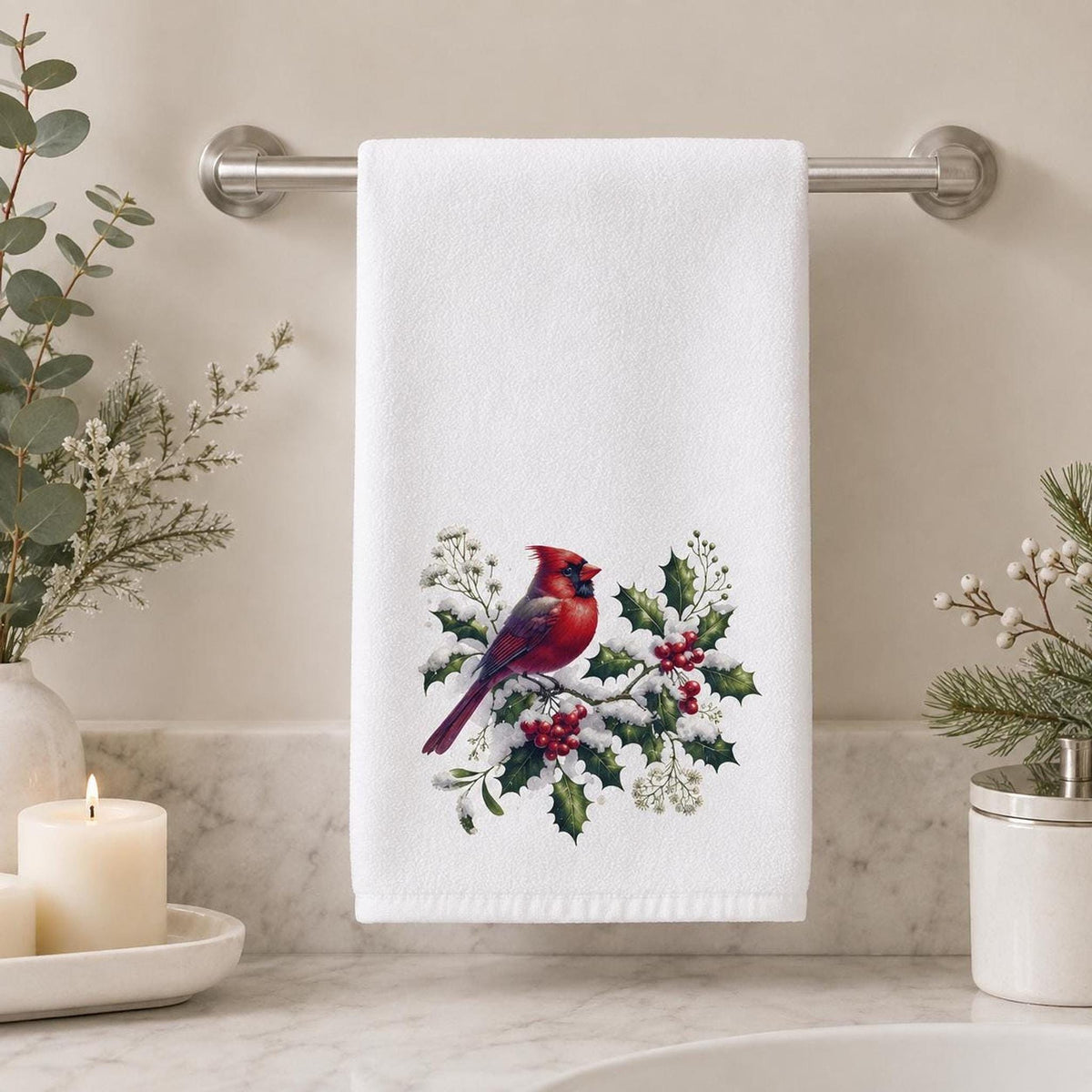 Christmas Hand Towel with Cardinal Design, 15 x 25 Soft Cotton Terry