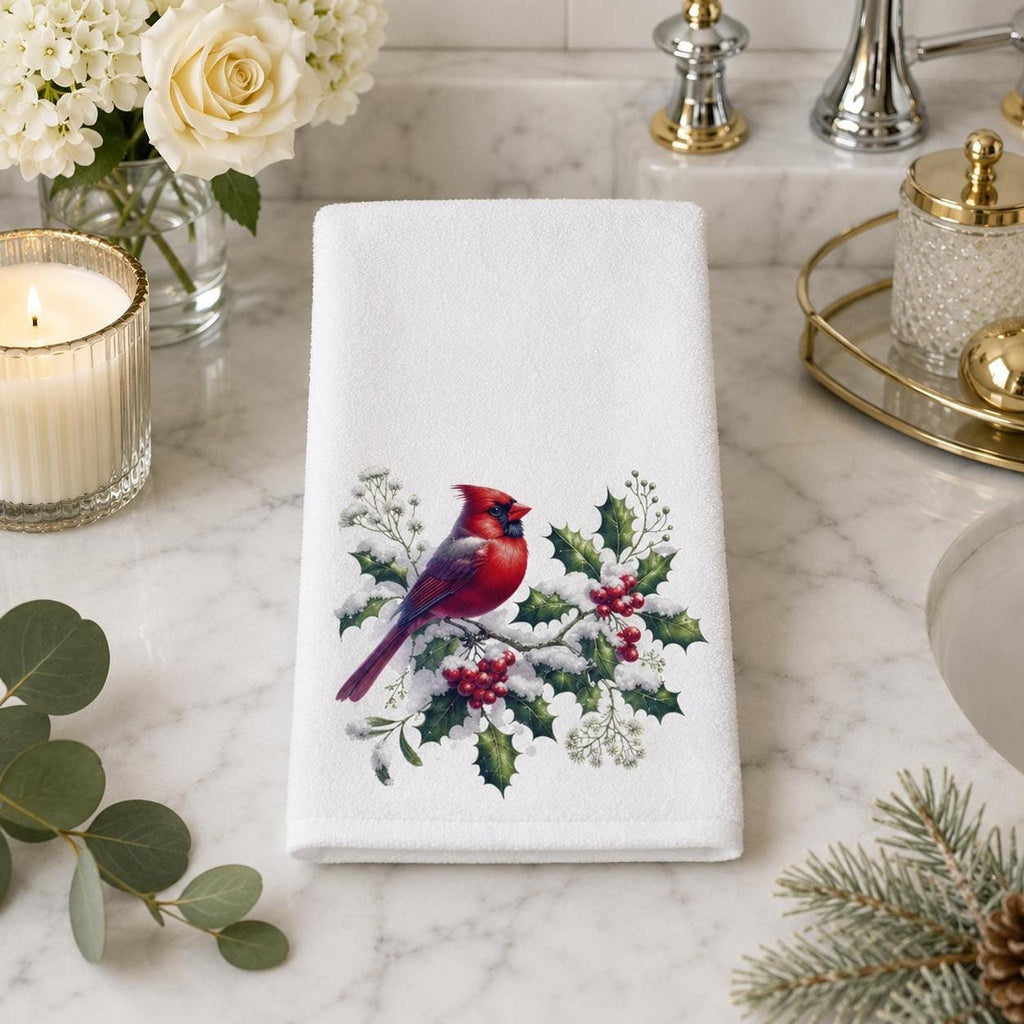 Christmas Hand Towel with Cardinal Design, 15 x 25 Soft Cotton Terry