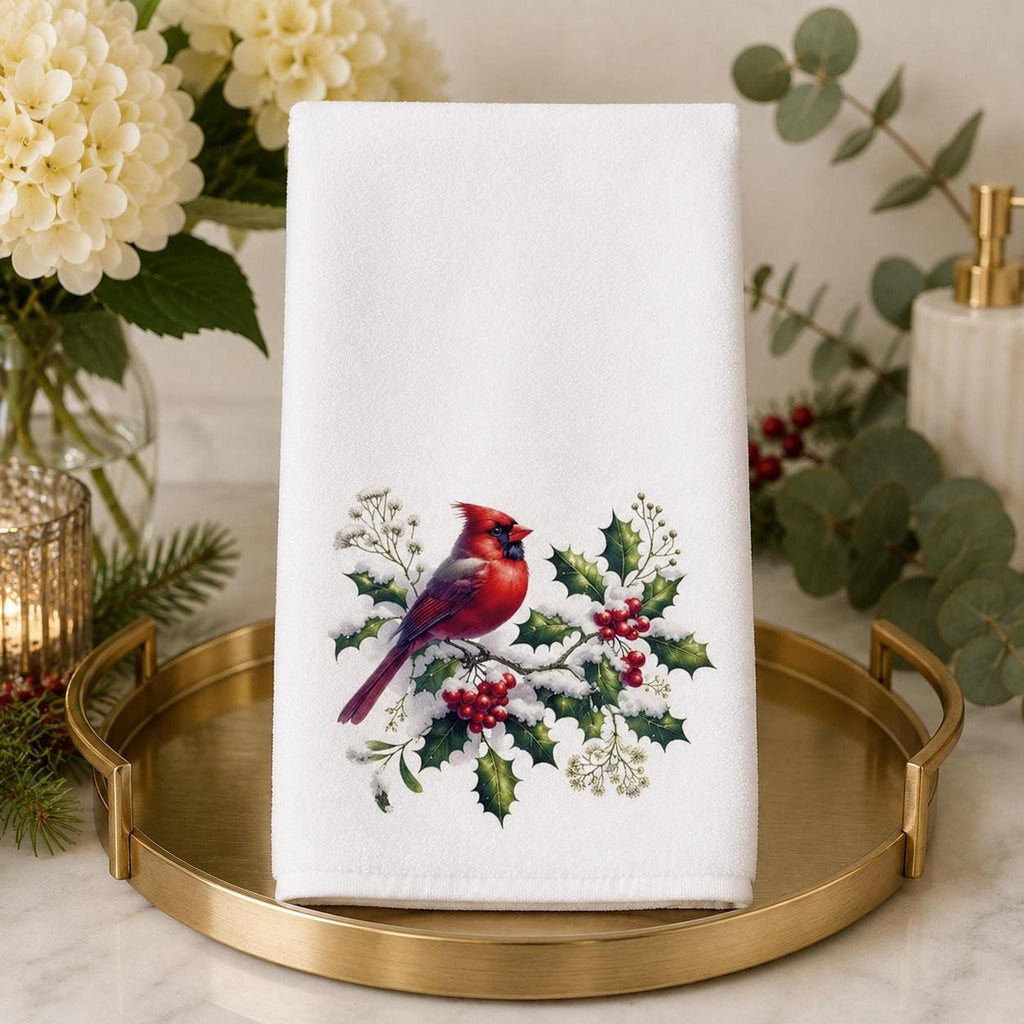 Christmas Hand Towel with Cardinal Design, 15 x 25 Soft Cotton Terry