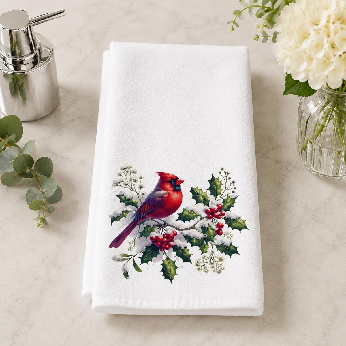 Christmas Hand Towel with Cardinal Design, 15 x 25 Soft Cotton Terry