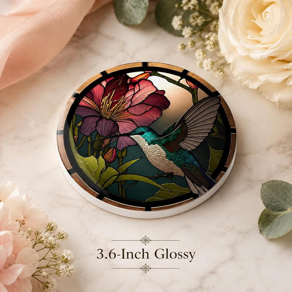 Hummingbird Coaster, Colorful Ceramic Drink Mat with Floral Design