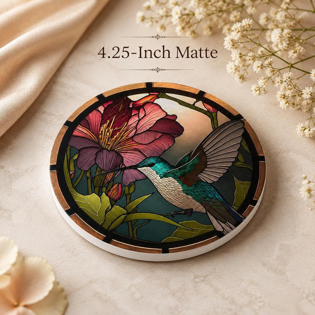Hummingbird Coaster, Colorful Ceramic Drink Mat with Floral Design