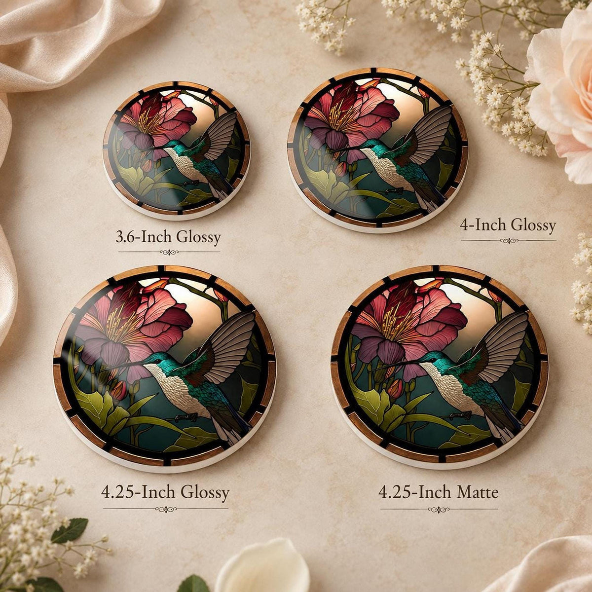 Hummingbird Coaster, Colorful Ceramic Drink Mat with Floral Design