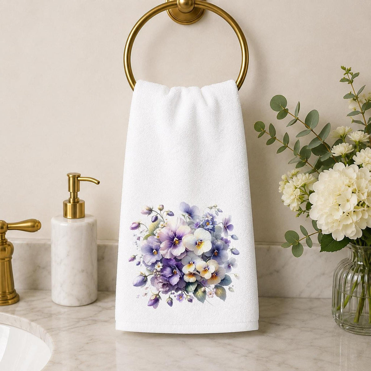 Pansy Hand Towel, Floral Bathroom Decor with Sublimation Design