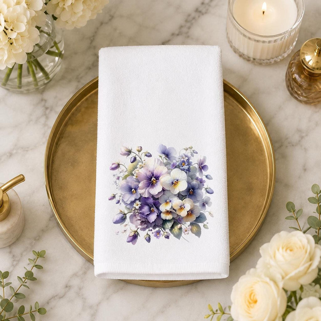 Pansy Hand Towel, Floral Bathroom Decor with Sublimation Design