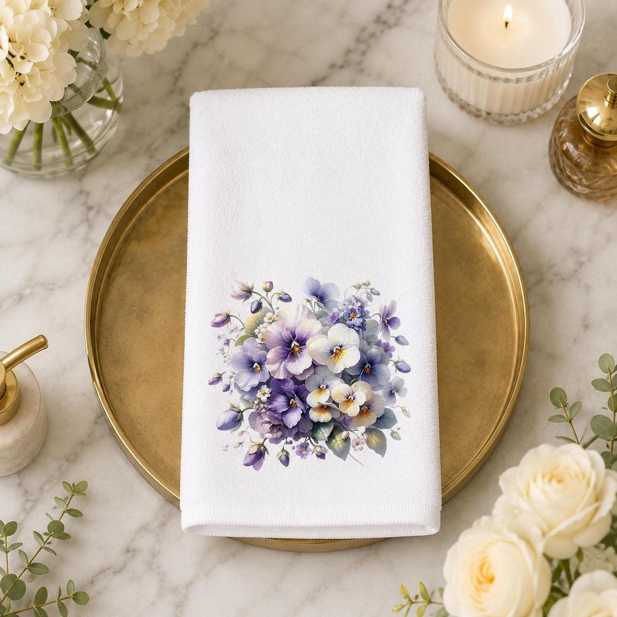 Pansy Hand Towel, Floral Bathroom Decor with Sublimation Design
